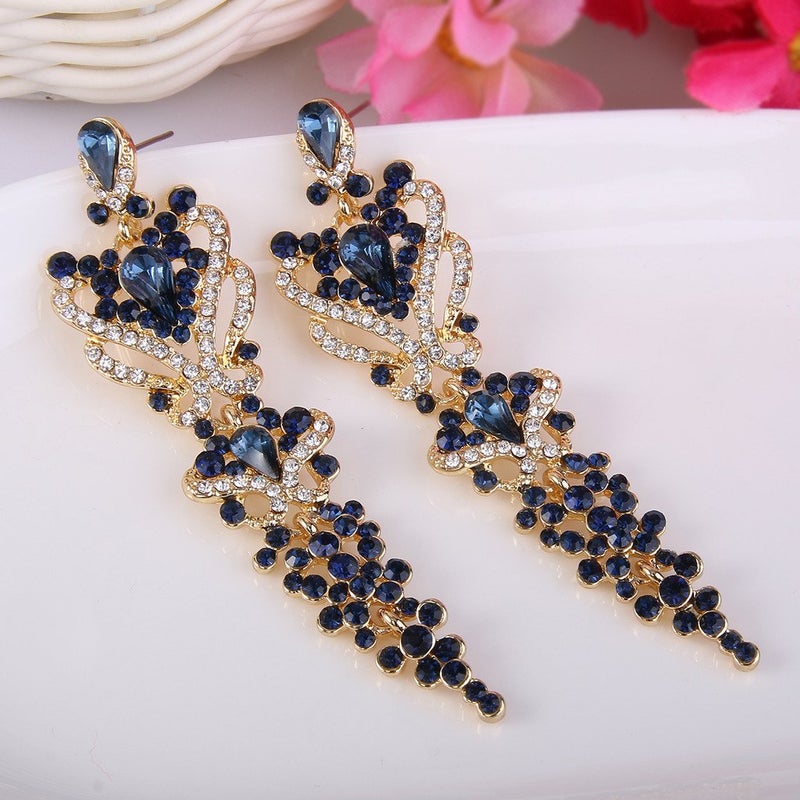 EVER FAITH Women's Austrian Crystal Gastby Inspired Floral Knot Dangle Earrings Navy Blue Gold-Tone - Image 3